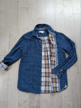 Carbon2cobalt Men's Button Up Shirt Blue Orange Flannel Double Line Size Small